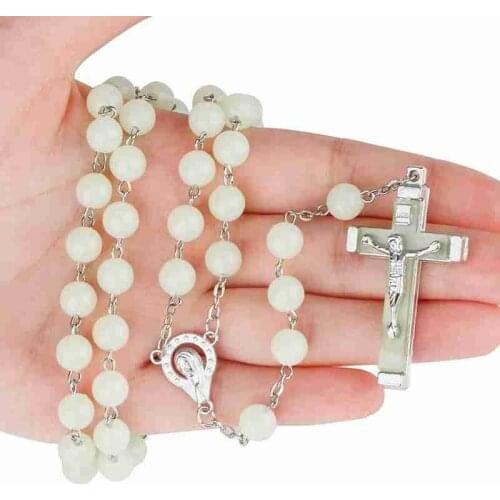 8MM luminous Christian Catholic Cross Rosary Necklace Glowing Light In Dark Beaded Rosary Necklaces For Men Women Christians