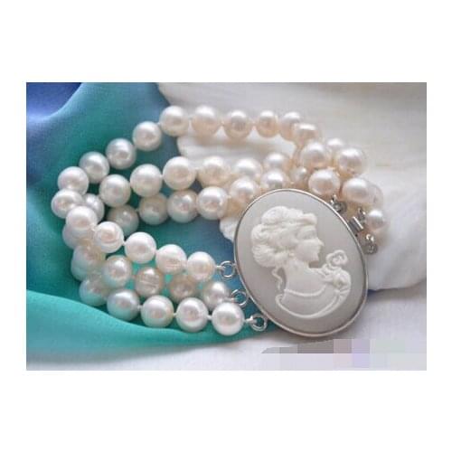 Free shipping 3row 8" WHITE ROUND FRESHWATER PEARL BRACELET