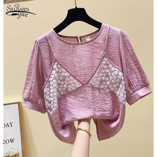 Blouse Women 2020 Korean Clothes Fake Two Pieces Shirt Short Sleeve Latern Sleeve Sweet Loose Blouse Women Blusas 9716