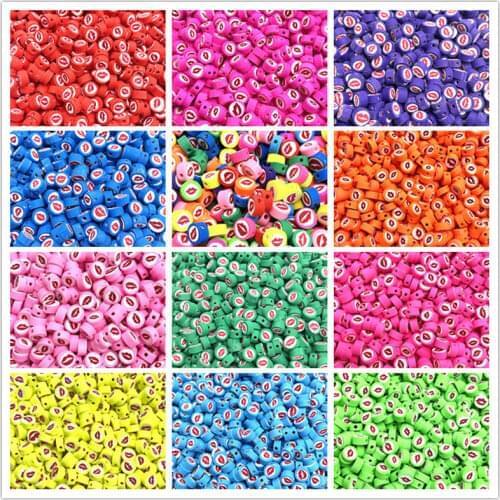 30pcs 10mm Lips Pattern Beads Polymer Clay Spacer Loose Beads for Jewelry Making DIY Handmade Accessories