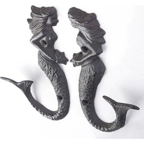 2Pcs Cast Iron Mermaid Decoration Hooks Wall Hanging Clothes Coat Hooks Cap Holder Wall Hanger For Bedroom Bathroom Organizer