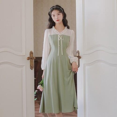 Elegant Lady Dress Lantern Sleeve Chiffon Patchwork Bowknot V-neck Pearl Chic French First Love Dress Gentle Fairy Party Vestido