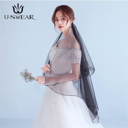 Retro Gothic Simple Muslim Bride Veil Black Tulle Dress Women 2 Layer Black Ribbon Edge Veil Bride Short Black Wedding Veils