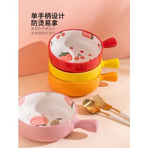 Korean Ins Style Fruit Bowl Ceramic Handle Baking Bowl Oven Bowl Baking Pan Strawberry Cute Dinnerware
