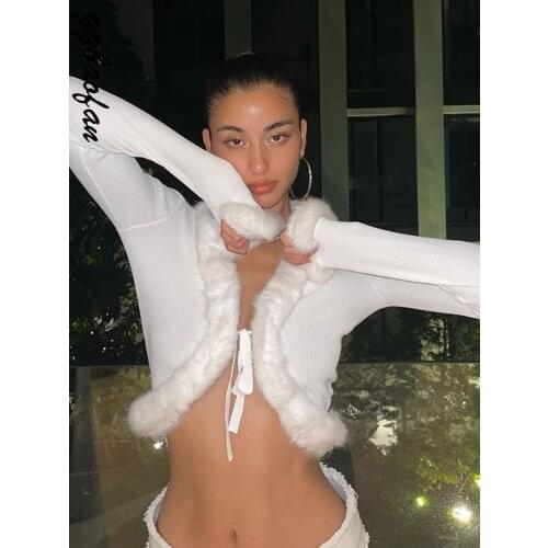 Ggbaofan Knitted Tie Up Cardigan Sweater Crop Top Women Streetwear Fluffy Fur Long Sleeve Top Sweater Coat Autumn Winter
