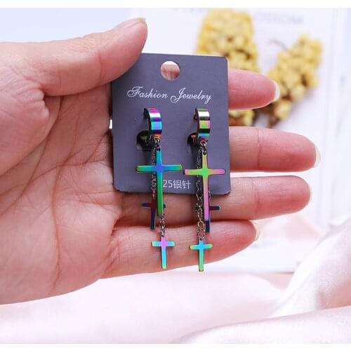 JUWANG Vintage Hoop Drop Earrings For Women Men Punk Piercing Titanium Cross Pendant Dangle Earrings Fashion Jewelry Pendientes
