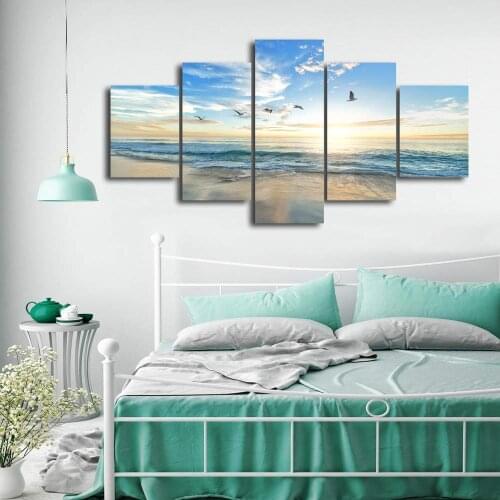 Painting Home Decor Frame Seagull Poster Print Canvas 5 Piece Sunset Waves Seascape Picture Wall Art