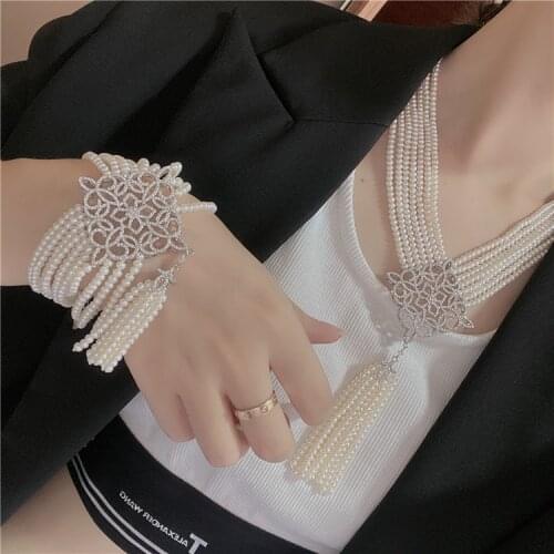Womens 45-55cm DIY Micro inlay zircon clasp accessory 4-5mm white freshwater pearl necklace bracelet set fashion jewelry