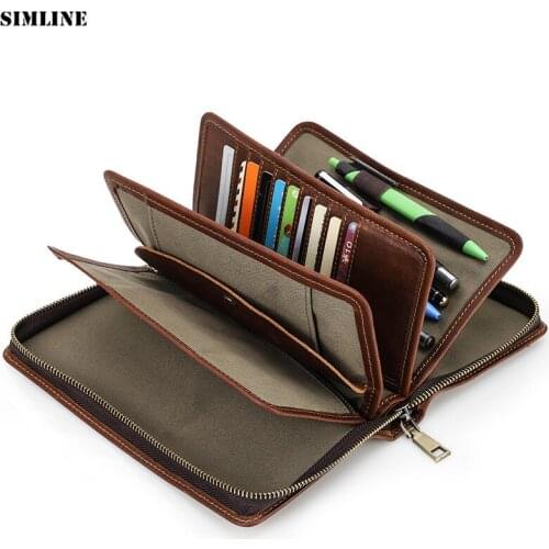Genuine Leather Wallet Men Male Vintage Large Capacity Long Zipper Purse Clutch Bag With Card Holder Coin Pocket Passport Cover