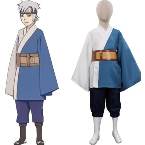 Boruto Mitsuki Cosplay Costumes Blue And White Kimono Suits For Kid Children Halloween Party Blue Top Pant Set Headband