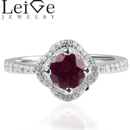 Leige Jewelry Lab Ruby Rings Round Shape Halo Ring Romantic Gifts For Woman 925 Sterling Silver