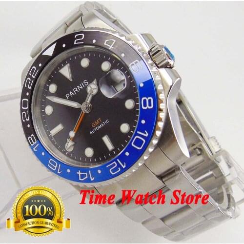 High Quality Parnis 40mm GMT Automatic Mens watch men black dial sapphire glass blue black ceramic bezel bracelet 877