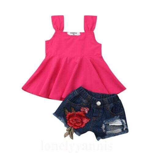 Baby Girl Clothes Newborn Infant Baby Girl Sleeveless T-shirt Vest Tops+Rose cowboy Shorts +2pcs Outfit Clothes
