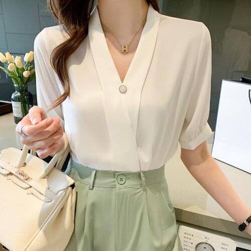 Office Lady Blouse Fashion V-neck Blouse Women Summer Chiffon Blouses Short Sleeve Tops Female 2021 New Clothes Blusas Mujer