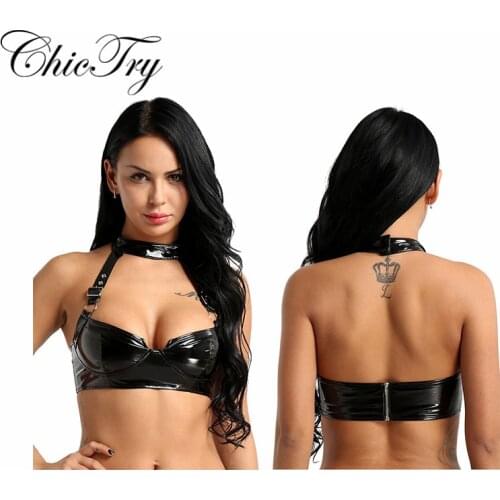 Sexy Bra Fashion Wet Look PU Leather Halter Neck Adjustable Buckle Straps Back Zippered Wire-free No Pad Bra Lingerie Underwear