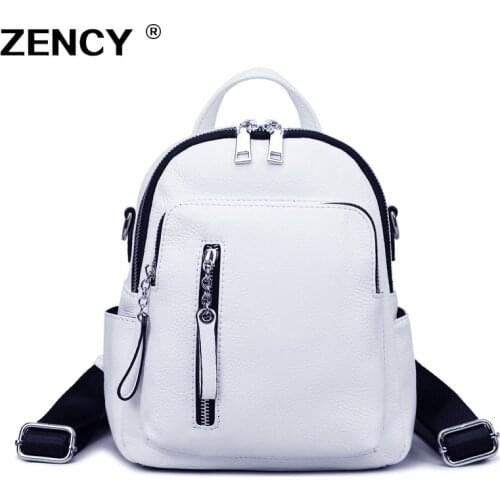ZENCY Silver Hardware100% Genuine Cow Leather White Shopping Women Backpack Lady Girl Top Layer Cowhide Book Bag Style Knapsack