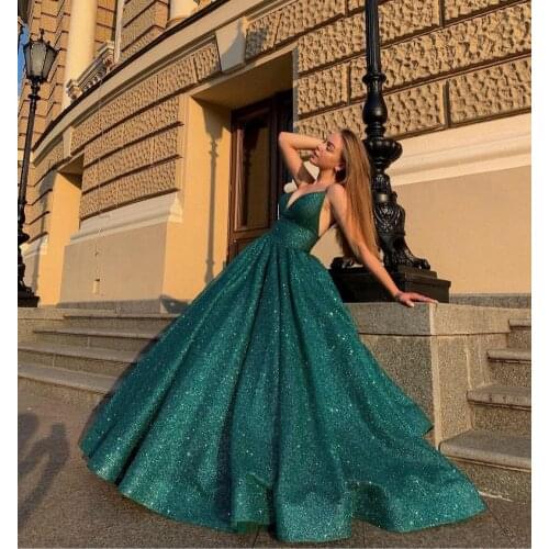 Sexy Long Sparkle Evening Dresses with Pockets A-Line Green Corset Back Floor Length Robes De Mariée Party Gowns For Women