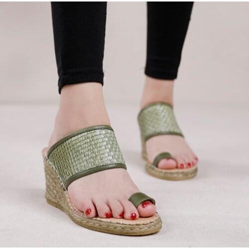 Genuine Leather Braided Toe Lady Platform Flip Flops Retro Clip Toe High Heel Slippers Summer 2020 New Women Wedge Sandals Shoes