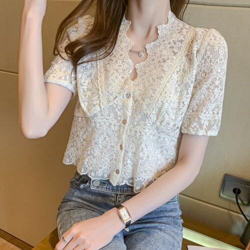 2021 Summer Lace Blouse for Women Tops Ladies Short Sleeve Hollow Shirts Female Blusas Dropshipping Casual Solid V-Neck 0156