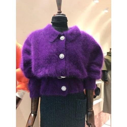 Ladies Women Fashion Short Style Purple Hairy Mink Cashmere Knitted Long Sleeves Cardigans Angora Rabbit Fur Jacket Coat