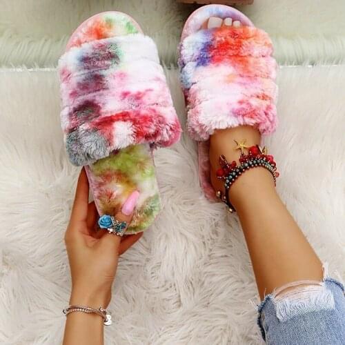 Plus Size Plush Womens Slippers 2021 Fashion Outer Wear Elastic Band Open Toe Flat Warm Fur Slides Ladies Home Cotton Shoes