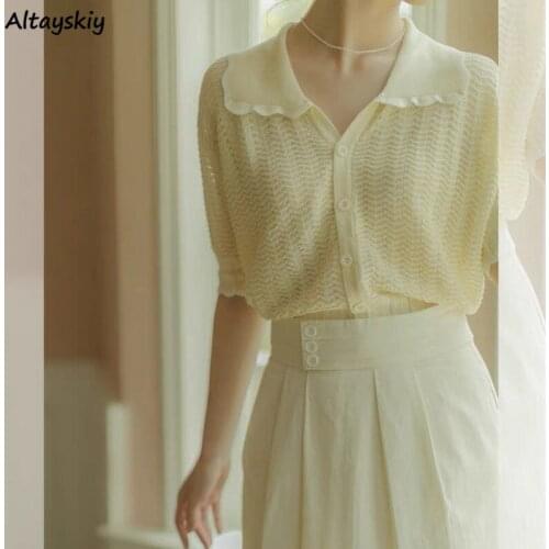 Women Sweaters Simple Sweet Korean Style Leisure Cozy Preppy Knitted Short Sleeve Button Vintage All-match Cardigans Female Lady