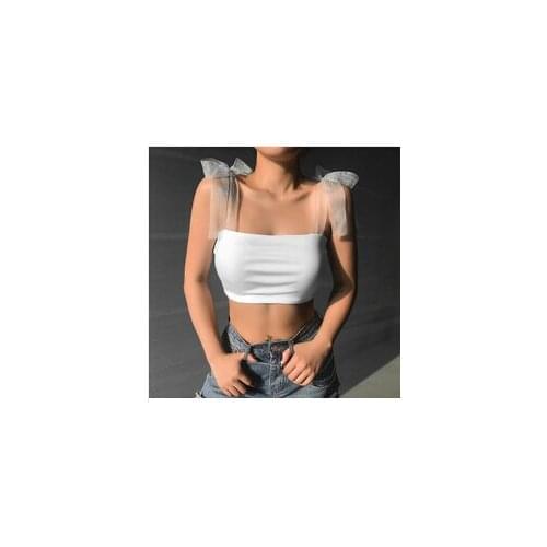 Womens Sexy Short Vest Female Spaghetti Straps Tube Tops White Net Mesh Shouder Bandage Strapless Mini Camis