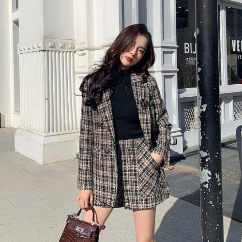 2021 Autumn Winter High Quality Blazer High Waist Shorts Suit Tweed 2 Piece Set Double Breasted Jacket Plaid Woolen Ropa Mujer