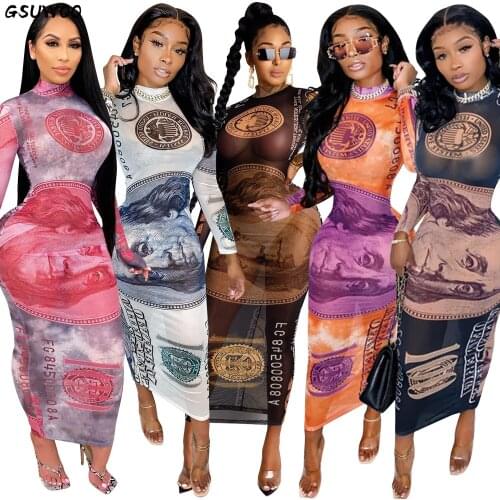 Gsuwoo Elegant Dollar Print Sheer Mesh Long Sleeve Maxi Long Dress Women Autumn See Through Outfit Party Club Dresses Vestidos