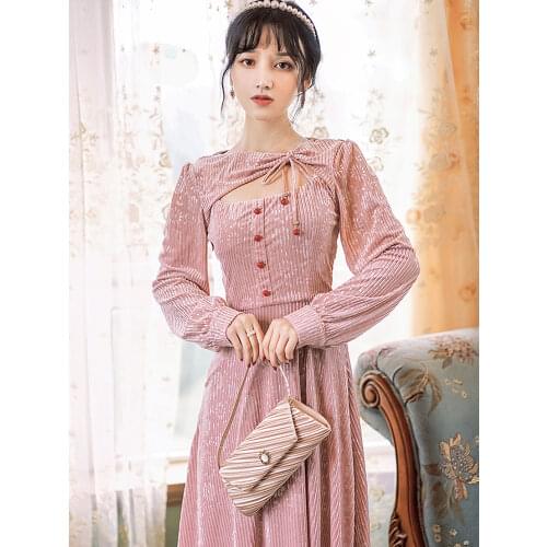 The Wind Of Summer New Art Retro Ancient Ways Closes Waist To Show Thin Temperament Long Dress Lantern Sleeve Corduroy Ins Dress