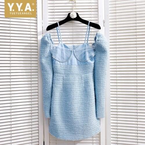 Winter Sexy Sling Off Shoulder Mesh Spliced Wrap Dress Elegant Office Pullover Long Sleeve Short Dress Lady Blue Party Dress