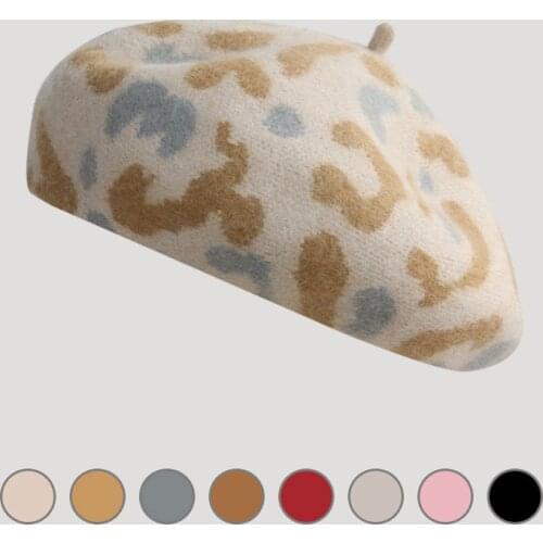Leopard Print Women Girls Beret French Artist Warm Wool Winter Beanie Hat Retro Vintage Plain Beret Solid Color Elegant Ladies