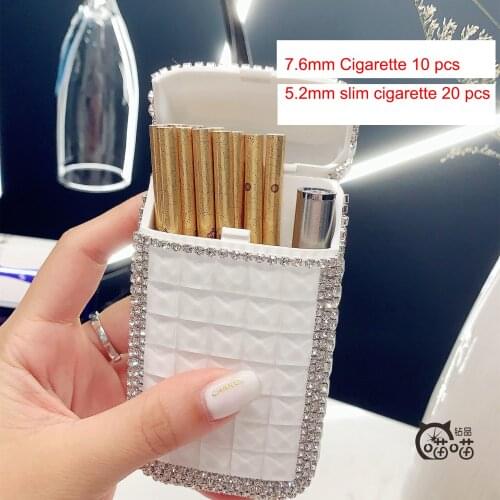 Luxury Diamond Plastic Cigarette Case Box Pink Rhinestones Automatic USB Rechargeable Lighter Suitable 7.6mm 5.2mm Cigarettes
