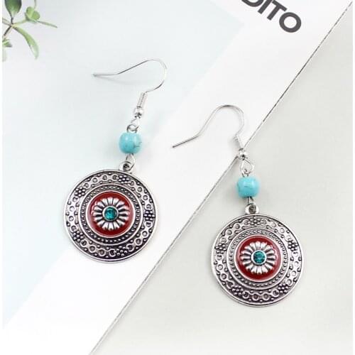 Ethnic Bohemian Peacock Blue Bead Flower Embossed Silver Color Plate Blue Crystal Multilayer Large Circle Delicate Earrings