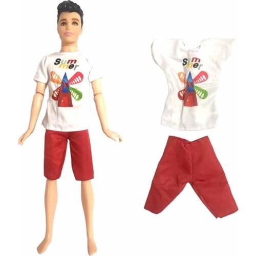 Hot 1 Set Summer Windmill Pattern T-shirt + Bright R ed shorts For Ken Doll Boy Gift Accessories 013A