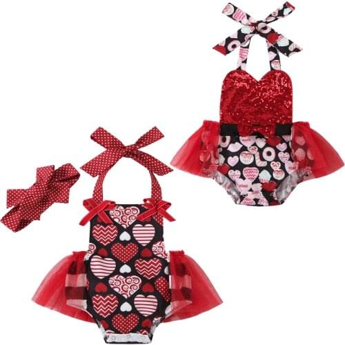 Baby Summer Clothing Newborn Baby Girl Red Sleeveless Backless Sequins Halter Romper Valentines Day Mesh Jumpsuit 0-24M 2021