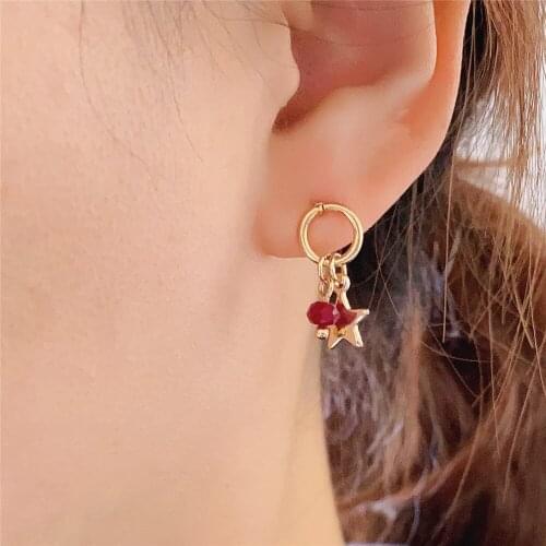 Small Mini Burgundy Bead Gold Color Star Charm Hanging Stud Earrings For Women Girl Tiny Cute Gorgeous Jewelry Accessory Gift