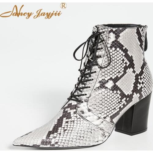 Nancyjayjii Womens Adult Boots Solid Animal Pattern Leather Lace-up Pointed Toes Ultra High Square Heel Mature Simple 2019