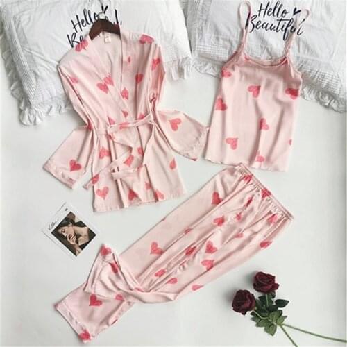 JULYS SONG Satin Spring Pajamas Set 3 Pieces Suit Woman Faux Silk Love Print Sleepwear Autumn Sexy Sling Trousers Homewear