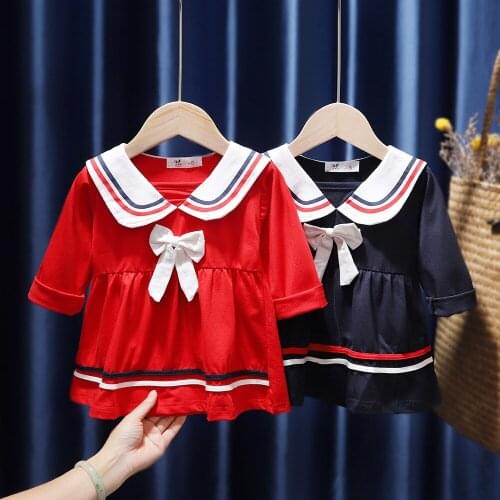 Girls Preppy Style Dress Infant Children Ruffles Bowknot Sailor Collar T-Shirt Long Sleeve Toddler Kids Casual Spring Clothing