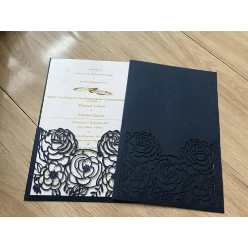 50pcs Dark Navy Blue Laser Cut Wedding Invitation,Personalized Rose Laser Wedding Invitation,Pocket Laser Cut Invitation Card