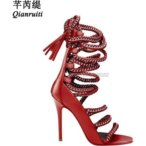 Qianruiti Chain Rope Strappy High Heels Lace Up Sandalias Mujer Cut Outs Summer Boots Open Toe Ladies Shoes Gladiator Sandals