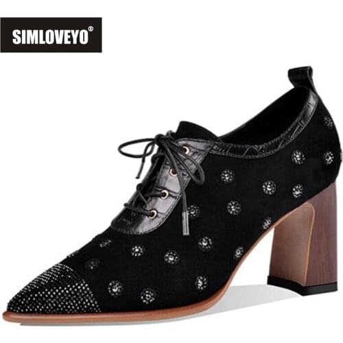 SIMLOVEYO New 2021 Ladies Pumps Pointed Toe 8cm Wood Heesl Genuine Leather Patchwork Lace-Up Bling Crystal Stylish Summer B2310