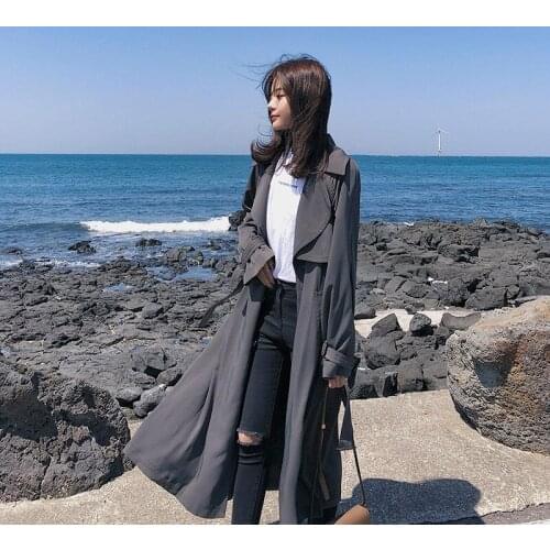 Hepburn Trench Coat Women Long Solid Color Womens 2020 Spring Double Breasted High Waist Loose Windbreaker Female Outwear Q33