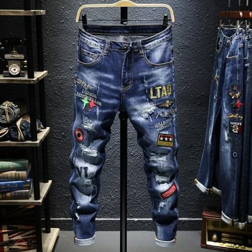 Embroidery stitchwork Boutique European Men Brand Slim Jeans Denim Trousers Stretch Blue Patchwork Hole Pants For Men Ripped