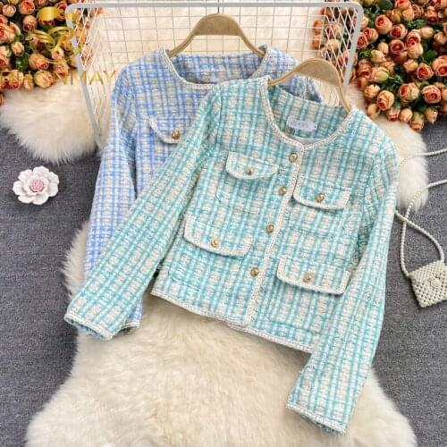 Vintage Tweed Elegant Slim Short Jacket Women 2021 Spring Autumn New Single Breasted Long Sleeve Korean Coat Ladies Chic Outwear
