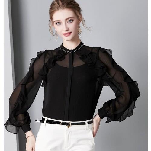 Vintage Real Silk Blouse Womens Tops and Blouses Elegant Clothes Long Sleeve Ruffles Shirts Spring Autumn Shirt 5343