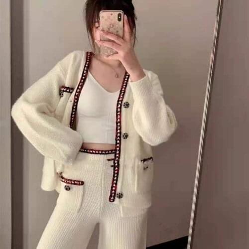 Women Sweater 2021 Early Autumn Single-breasted Rhinestone Button V-neck Loose Woven Trimming Female Knit Cardigan Jacket