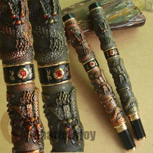 2 PCS JINHAO ANTIQUE BRASS COPPER TWO DRAGON PLAY PEARL ROLLER BALL PEN FREE SHIPPING