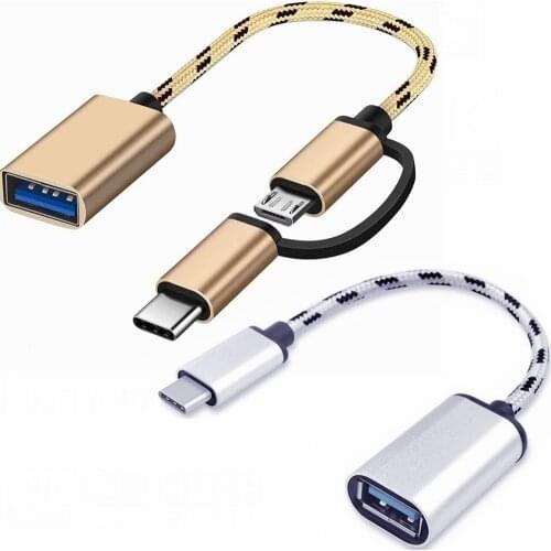 2 IN 1 Metal Braided Micro USB Type C Type-C 3.1 Male to USB 3.0 2.0 Female Adapter USB C OTG Data Sync Connector Cable Cord
